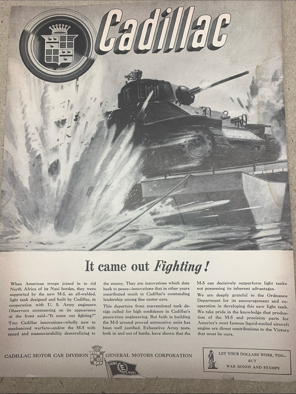 Cadillac Vintage WW2 Wartime Tank Advertisement Life Magazine June 7, 1943